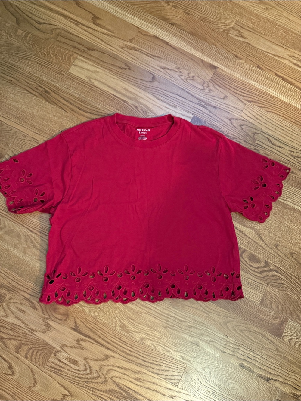 American Eagle Outfitters Red Eyelet Hem Short Sleeve Tee